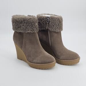 Ralph Lauren Steph Sheep Shearling Cuff Size 7 Wedge Booties Taupe Suede Boots